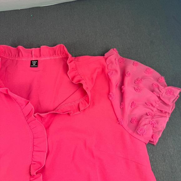 SHEIN Tops - SHEIN Curve Hot Pink Ruffle V-Neck Blouse Swiss Dot Mesh Puff Sleeve Top 1XL